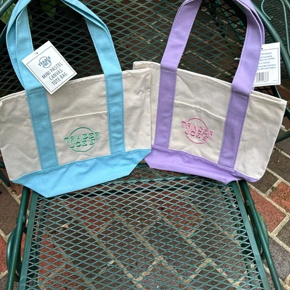Trader Joe’s Adorabke Mini!  Two totes! Aqua Blue and Lavender Canvas Tote - Picture 4 of 5